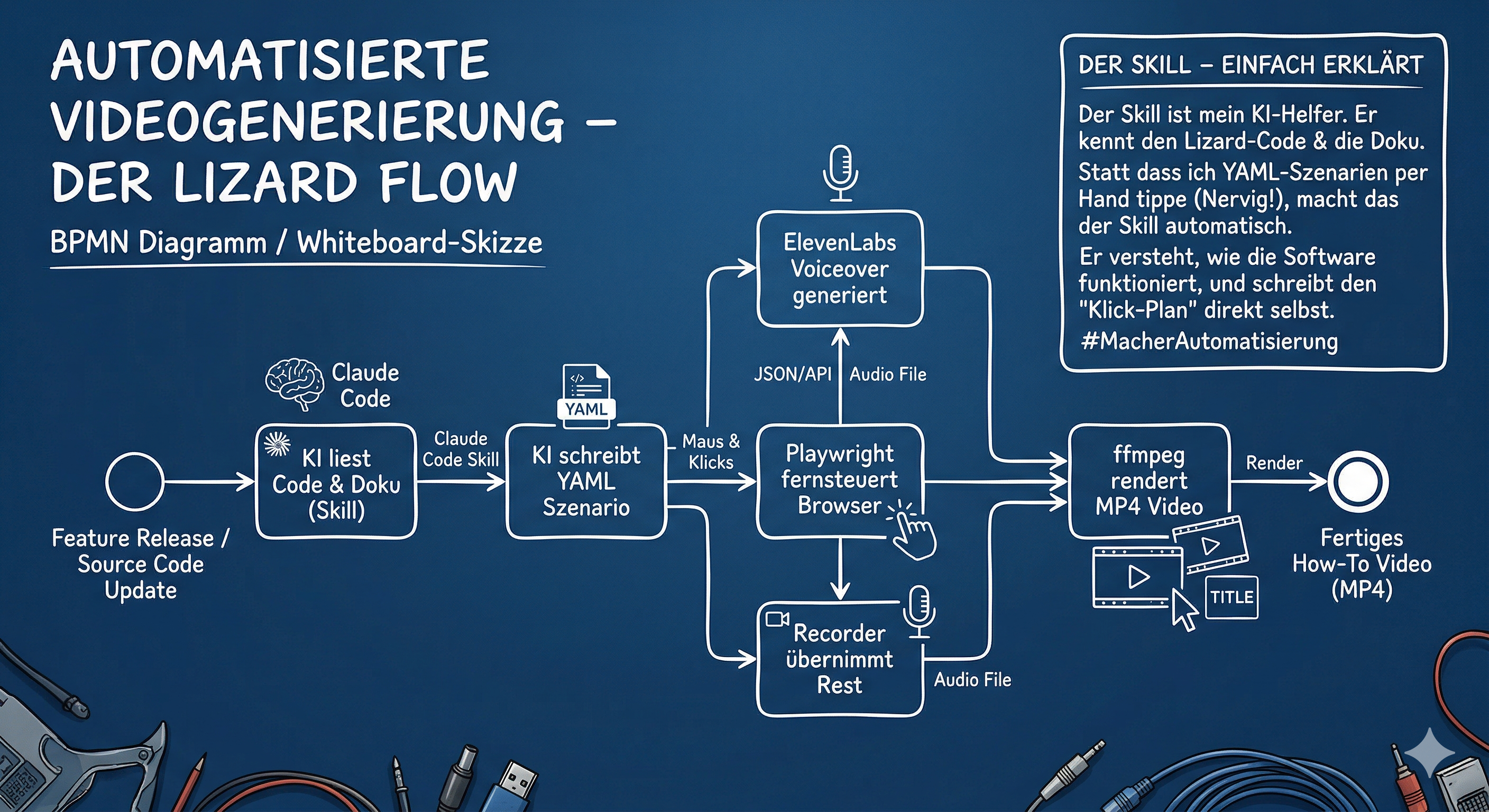 Ein technisches Flussdiagramm im Stil einer weißen Whiteboard-Skizze auf dunkelblauem Hintergrund, das die "AUTOMATISIERTE VIDEOGENERIERUNG – DER LIZARD FLOW (BPMN Diagramm / Whiteboard-Skizze)" zeigt. Es illustriert den Prozess von einem "Feature Release / Source Code Update" bis zum "Fertigen How-To Video (MP4)". Eine rechte Info-Box erklärt "DER SKILL – EINFACH ERKLÄRT" als einen KI-Helfer für Lizard-Code und Dokumentation, der das manuelle Eintippen von YAML-Szenarien durch automatische Generierung ersetzt. Der Fluss umfasst: KI liest Code & Doku (Skill, Claude Code), schreibt ein YAML Szenario, Playwright fernsteuert den Browser für Klicks, ElevenLabs generiert das Voiceover, ein Recorder übernimmt den Rest, und ffmpeg rendert das MP4 Video. Hashtag: #MacherAutomatisierung.